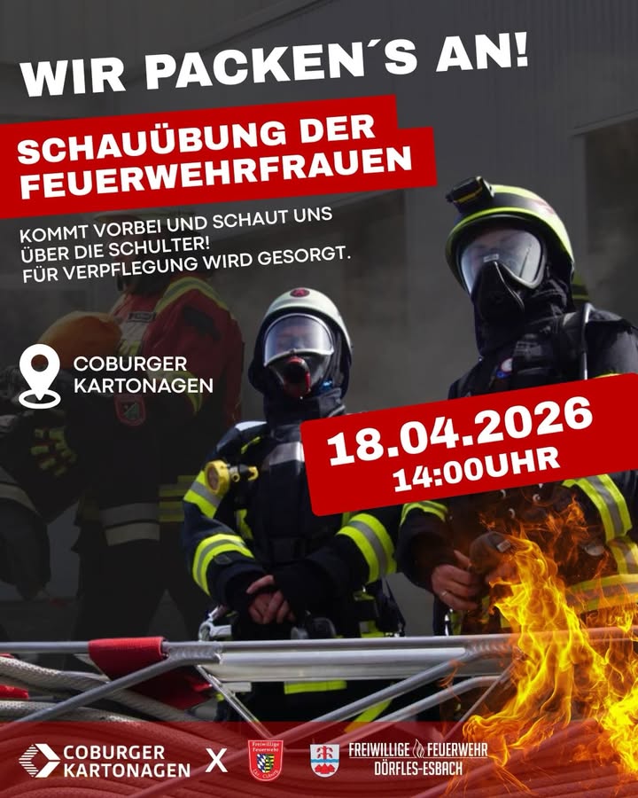 🚨 Schauübung der Feuerwehrfrauen aus dem Landkreis Coburg am 18.04.2026 ab 14Uhr bei der Coburger Kartonagen!